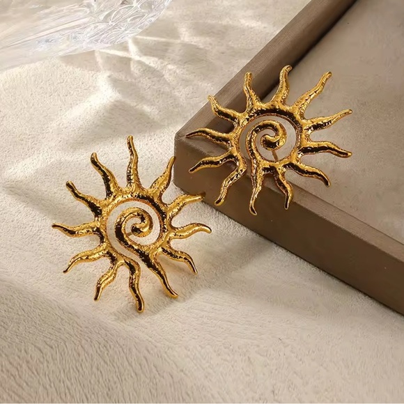 Abstract Sunburst 18K Gold Stainless Steel Earrings - Picture 4 of 14